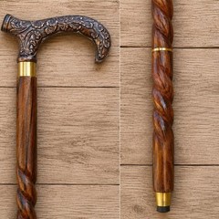 Wooden Walking Stick Brass Derby Floral Handle Cane Handmade Spiral Shaft 36″