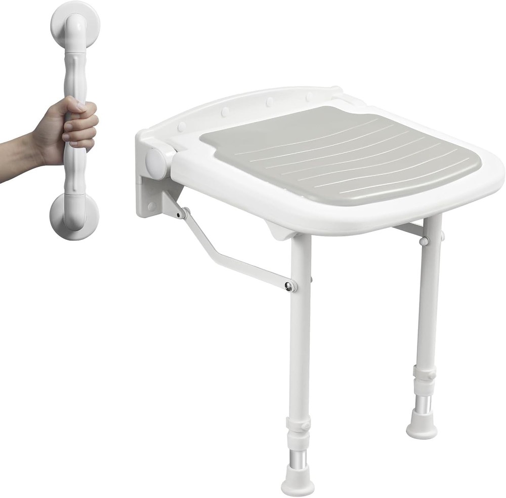 Wall Mounted Folding Shower Seat with Grab Bar Adjustable Height Support 550lbs