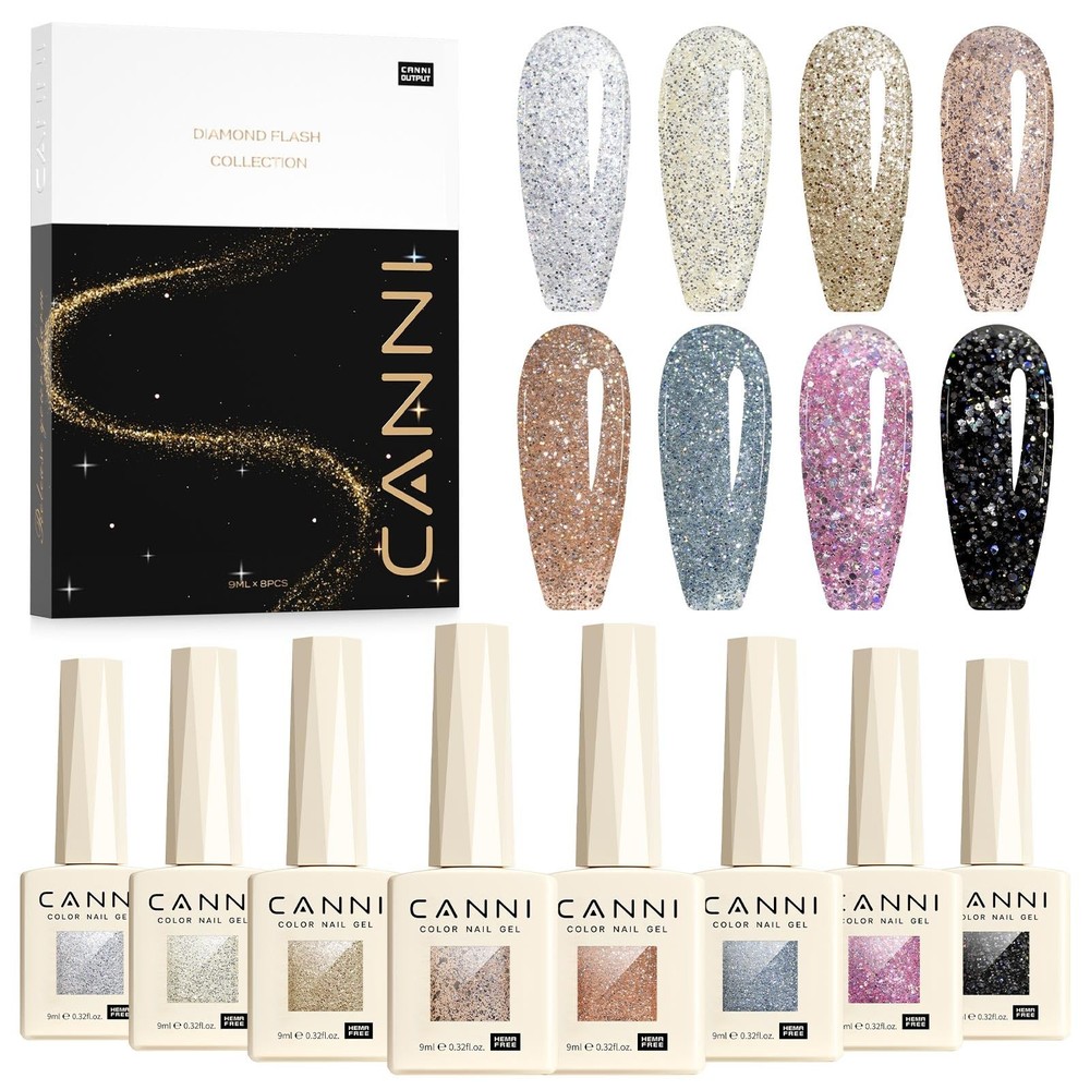 Canni Gel Polish Glitter Gel Nail Polish Set 8 Colors Champagne Silver Rose
