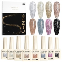 Canni Gel Polish Glitter Gel Nail Polish Set 8 Colors Champagne Silver Rose