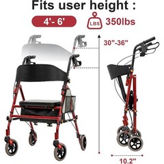 Rollator Walker with Seat for Seniors 350lb Foldable Gift for Parents Red Steel