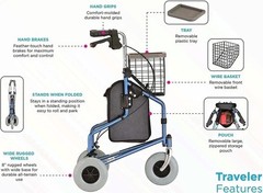 NEW- NOVA DELUXE 3 WHEEL TRAVELER ROLLATOR- Fits users 5’4″- 6’2″ Tall, Blue