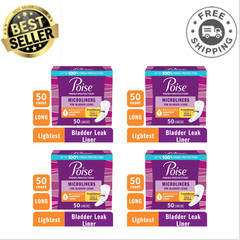 4 Pack Poise Microliners Incontinence Panty Liners, 1 Drop Lightest, Long, 50ct