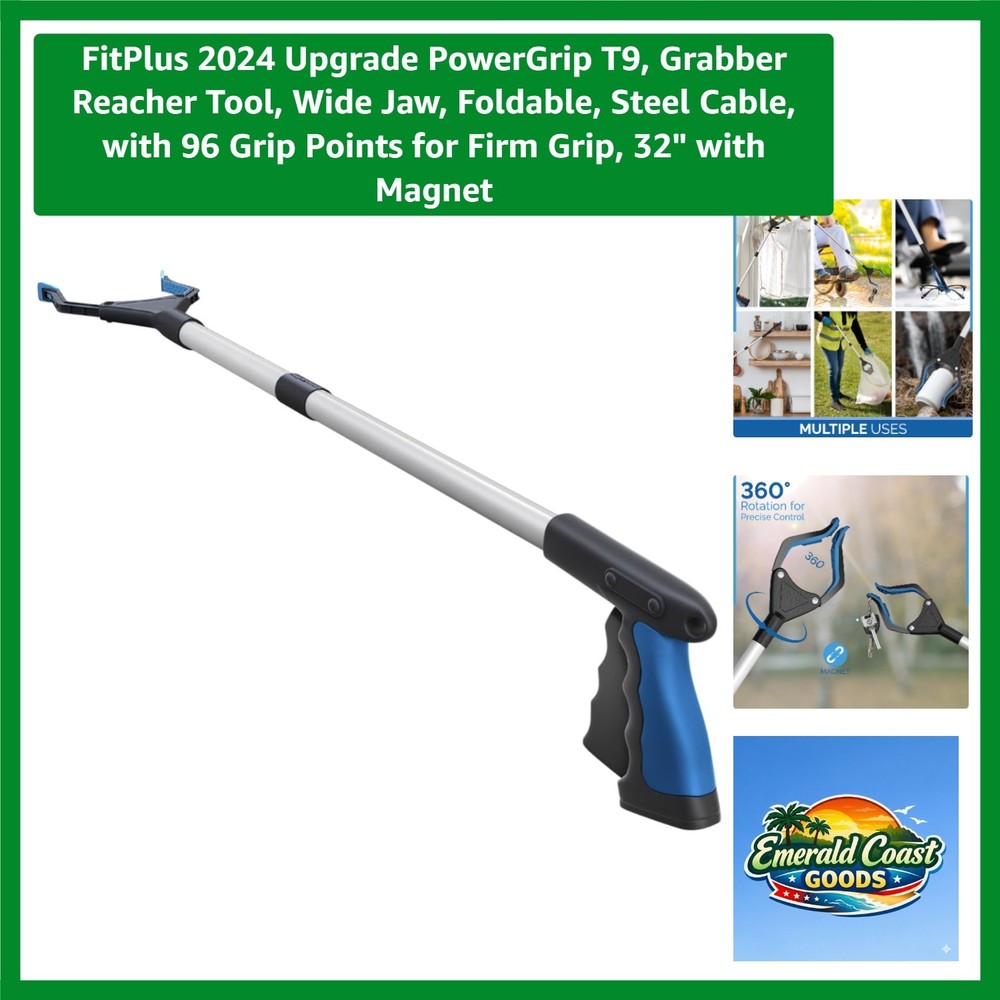 2024 Upgrade PowerGrip T9, Grabber Reacher Tool, Wide Jaw, Foldable, Steel Ca…