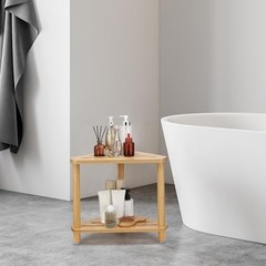 Bamboo Corner Shower Bench with Storage Shelf, 2-Tier Bathroom Spa Stool Seat US