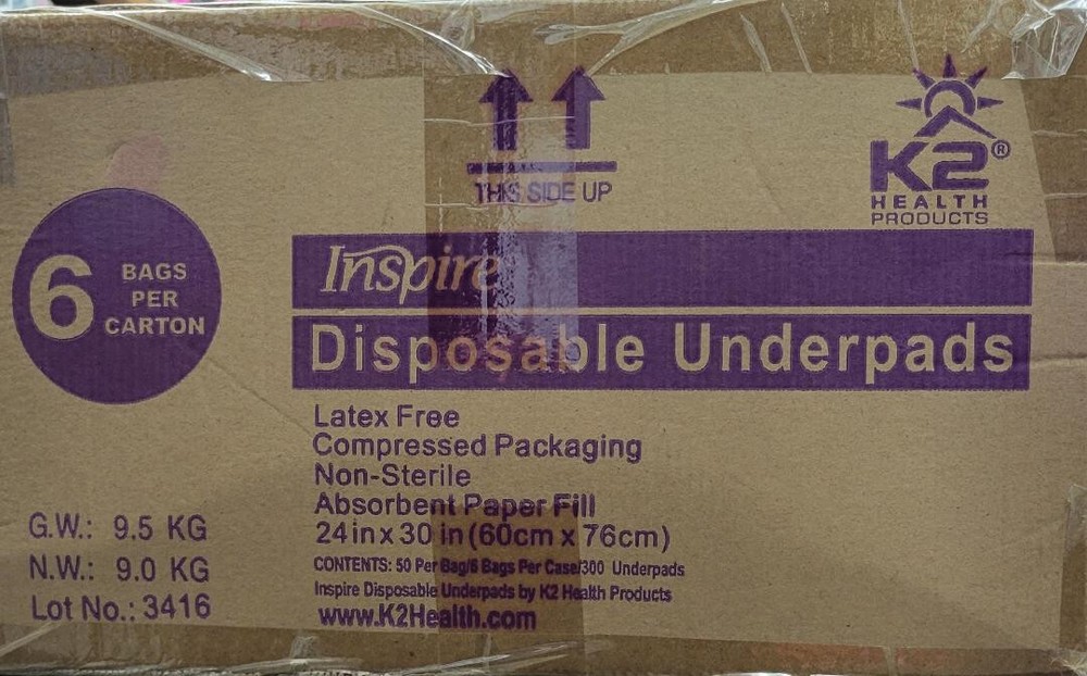 Inspire K2 Disposable Latex Free Underpads 24”x30” 6 Bags Of 50/300 Total CH243