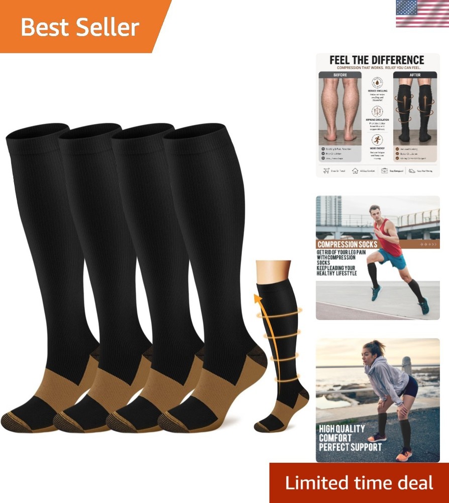 Comfortable Knee-High Copper Compression Socks – 4 Pairs – Travel & Work