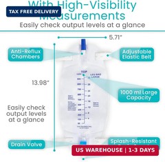 Vive Foley Catheter Leg Bag w/Easy-Tap 18″ Tube – Urinary Drainage Bag, 1000mL,