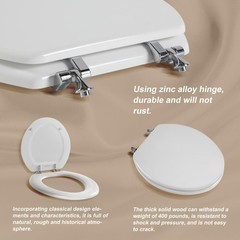 White Round Toilet Seat Natural Wood Toilet Seat with Zinc Alloy Hinges, Easy…