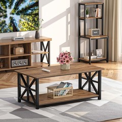 Greenforest Coffee Table Round Corner Farmhouse Center Table 2-Tier Storage