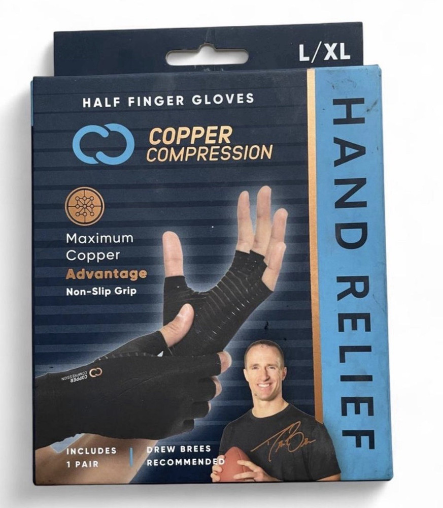 Copper Compression Half Finger Compression Gloves L/XL Black Non-Slip 1 Pair