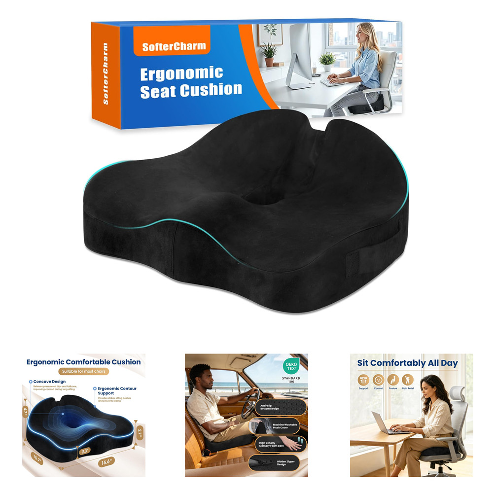 Ergonomic Seat Cushion for Office Chair Memory Foam Coccyx Pain Relief Non Slip