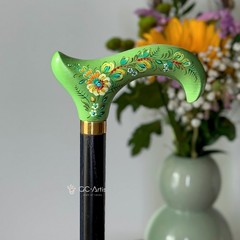 Green Floral Derby Cane, Hand-Painted Floral Walking Cane, Ladies Walking Stick