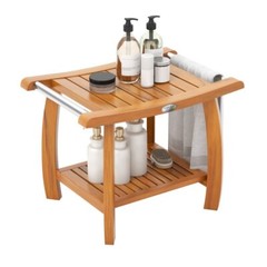 2-Tier Teak Wood Bath Storage Bench Shower Stool With Curved Seat and Handles