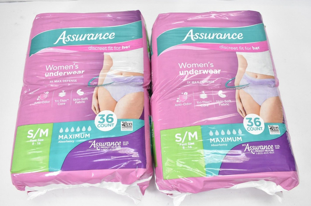 Lot of 2 Assurance Womens Disposable Underwear S/M Max Absorbency 36/Pack