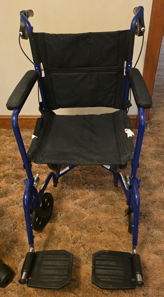 Medline Excel Transport Wheelchair Blue Black Lightweight Detachable Footrests