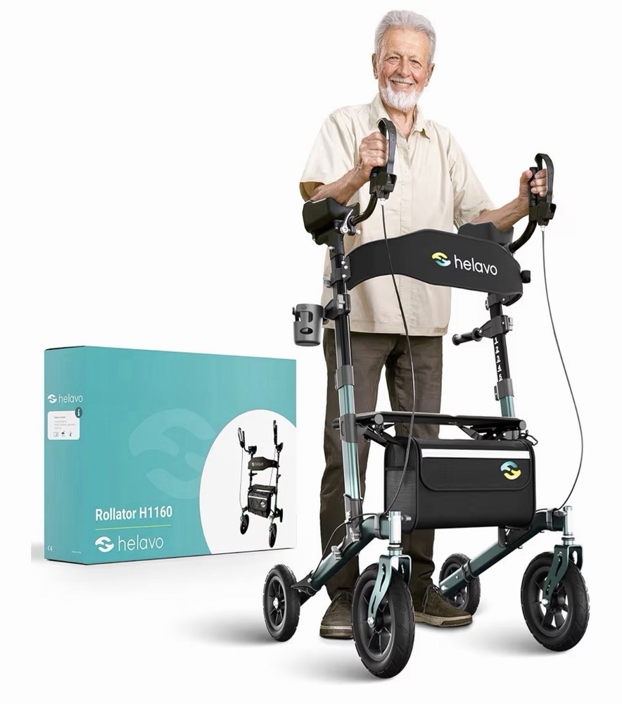 Helavo All Terrain Upright Rollator Walker w/Solid Rubber Tires, Seat, Backrest