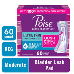 Poise Ultra Thin Incontinence Pads, 4 Drop Moderate Absorbency, Regular, 60 Ct