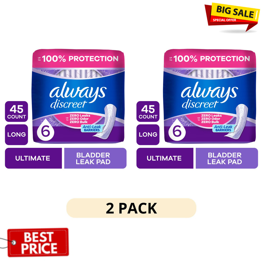 2 Pack Always Discreet Incontinence Pads for Women Extra Heavy Absorbency Long 4