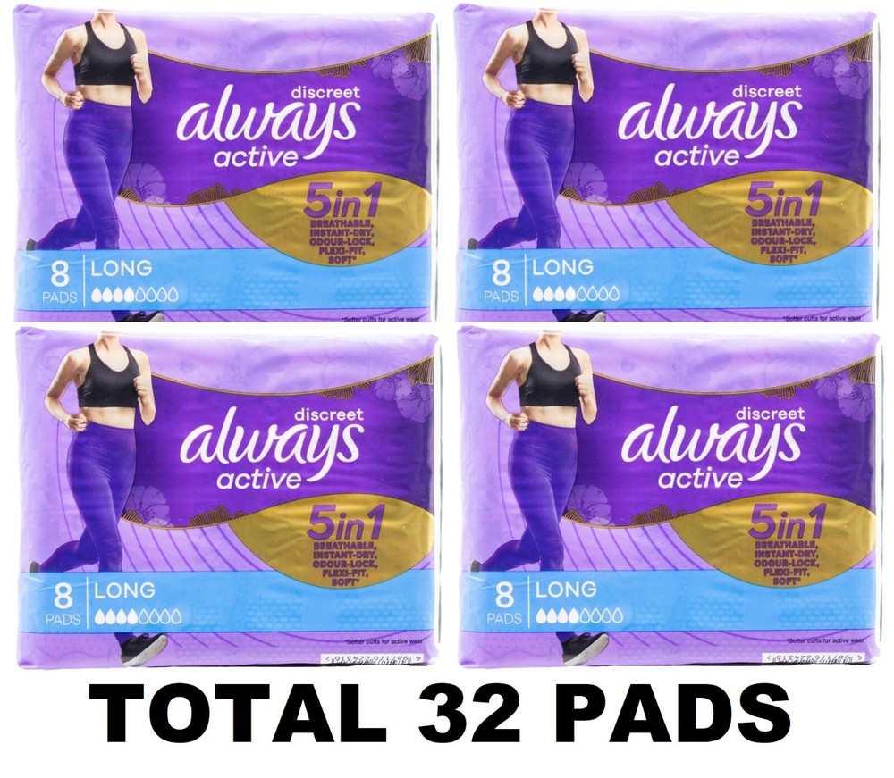 32 x ALWAYS ACTIVE PADS DISCREET 5 IN 1 LONG BRAND NEW (4 x PK8)