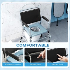 HOMCOM Rolling Shower Chair with Wheels, Bedside Commode Wheelchair with Padded