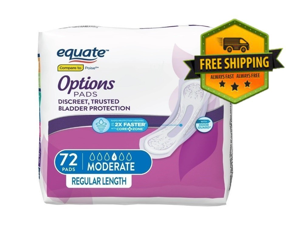 Equate Options Moderate Incontinence Pads for Women, 72 Count Pack