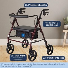 Medline MDS86800XWS Bariatric Steel Rollator Walker 500lb Padded Seat Burgundy
