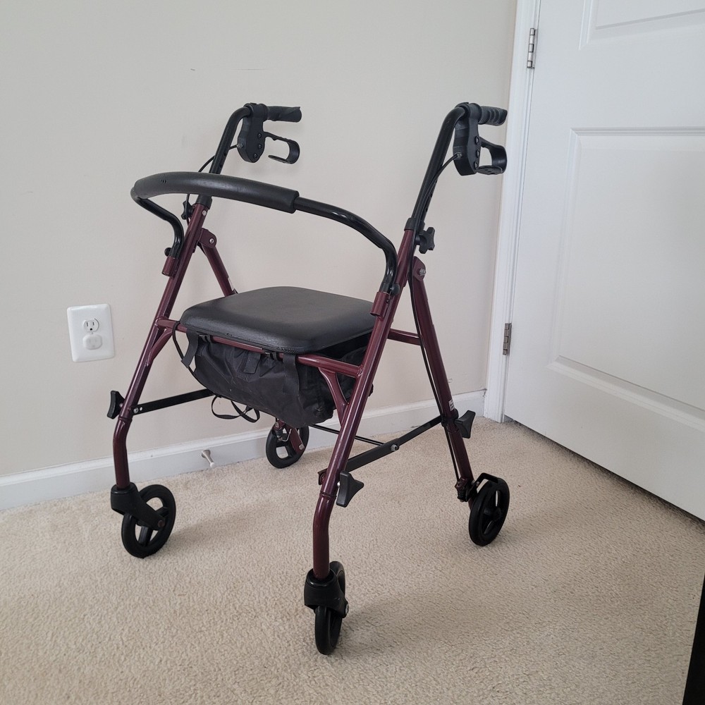 Medline 4 Wheels Rollator Folding type, Padded Seat, Pouch & Padded Back Rest.