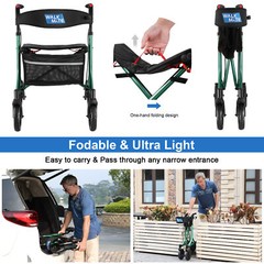 Rollator Walker w/Seat Folding Walker w/8inch Wheels Supports up to 300lbs Green