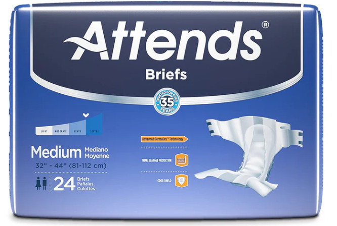 (2) Attends Adult Disposable Briefs, Medium, 32″-44″, Ultimate Absorbency, 48ct