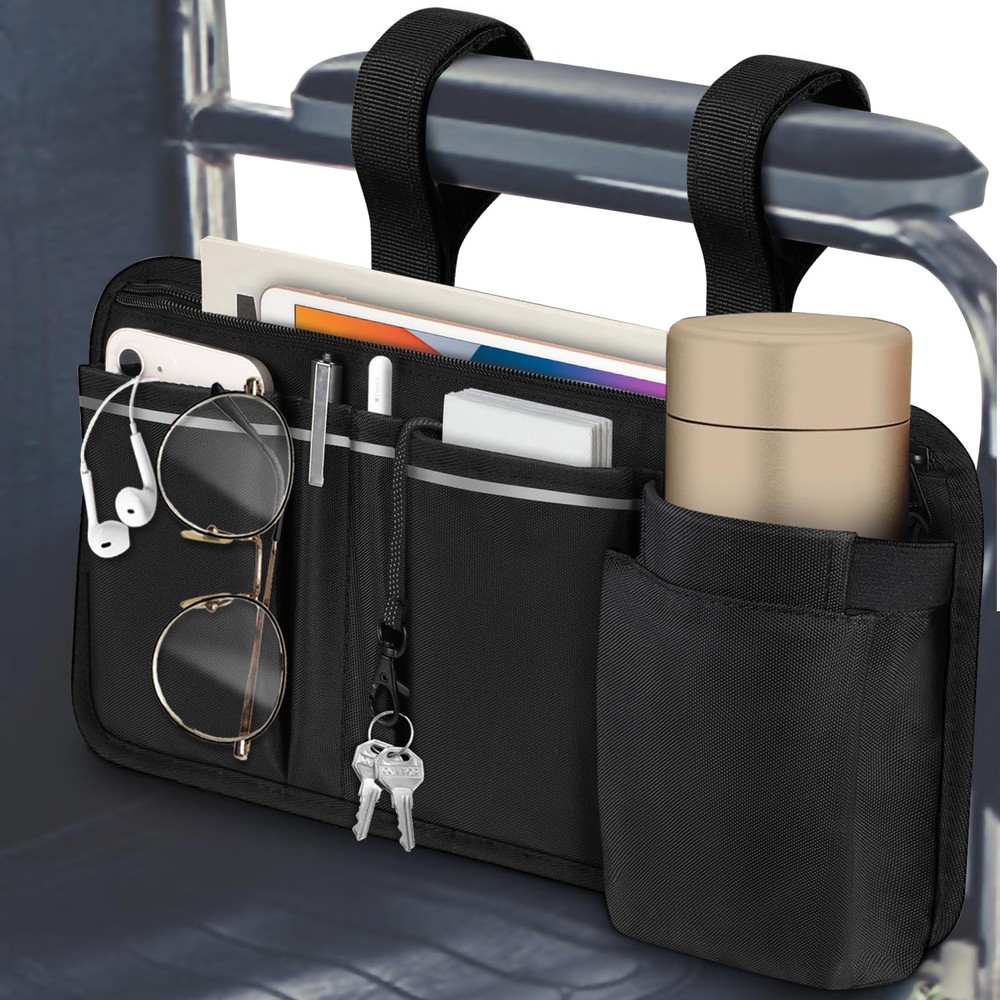 FINPAC Wheelchair Side Organizer Bag with Cup Holder, 14 x 7.5 inches, Black