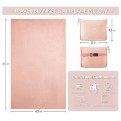 PEUJEW Travel Blanket, Soft 2-in-1 Airplane 65×40 in, Peachy Pink
