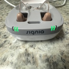 used beige Truhearing premium hearing aids behind the ear with charging case