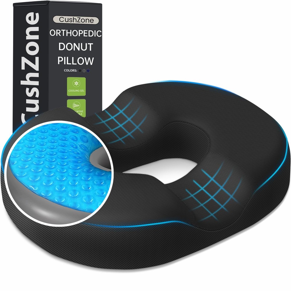 Donut Pillow Seat Cushion – Cooling Gel Chair Cushions, Large, Black