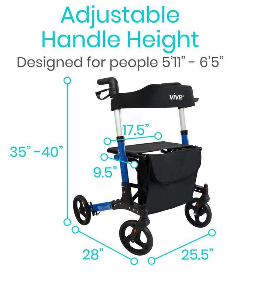 FOLDABLE TALL ROLLATOR SERIES T, 35″-40″, ALUMINUM, 300LBS, BLUE FDA VIVE HEALTH