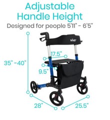 FOLDABLE TALL ROLLATOR SERIES T, 35″-40″, ALUMINUM, 300LBS, BLUE FDA VIVE HEALTH
