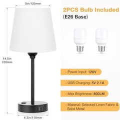 Set of 2 White Bedside Lamps – USB C Nightstand – Bedroom Lamp