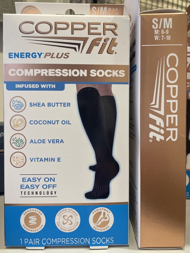 1 Pair-Copper Fit Energy Plus Compression Socks – Black, Size S/M W-7-10 M 6-9