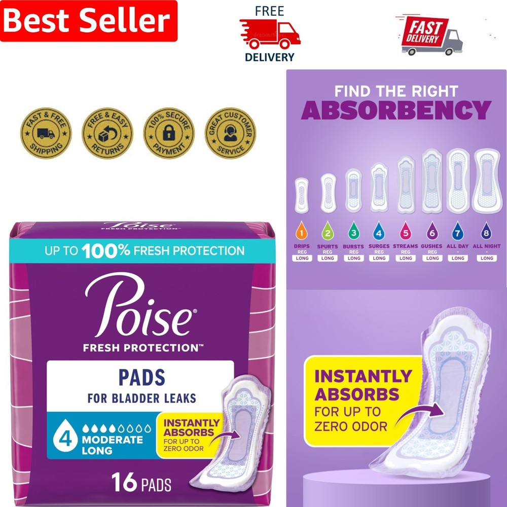 Poise Incontinence & Postpartum Pads, 4 Drop Moderate, Long, 16 Count – Pack