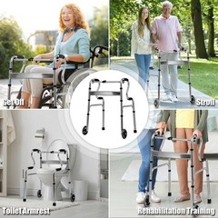 Heavy-Duty Folding 3 in 1 Stand-Assist Walker Aluminum Alloy W/ Wheel Gray