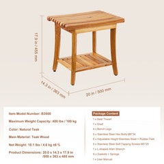 Uimoso Teak Shower Bench 20 x14.3 x 17.9 in Wood Shower Stool Chair for Bathroom