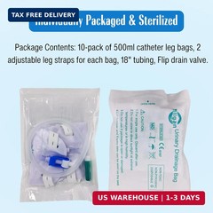 10 Pack Easy-Tap Catheter Leg Bag – 500ml with 18″ Tubing, Anti-Reflux Valve, Ad