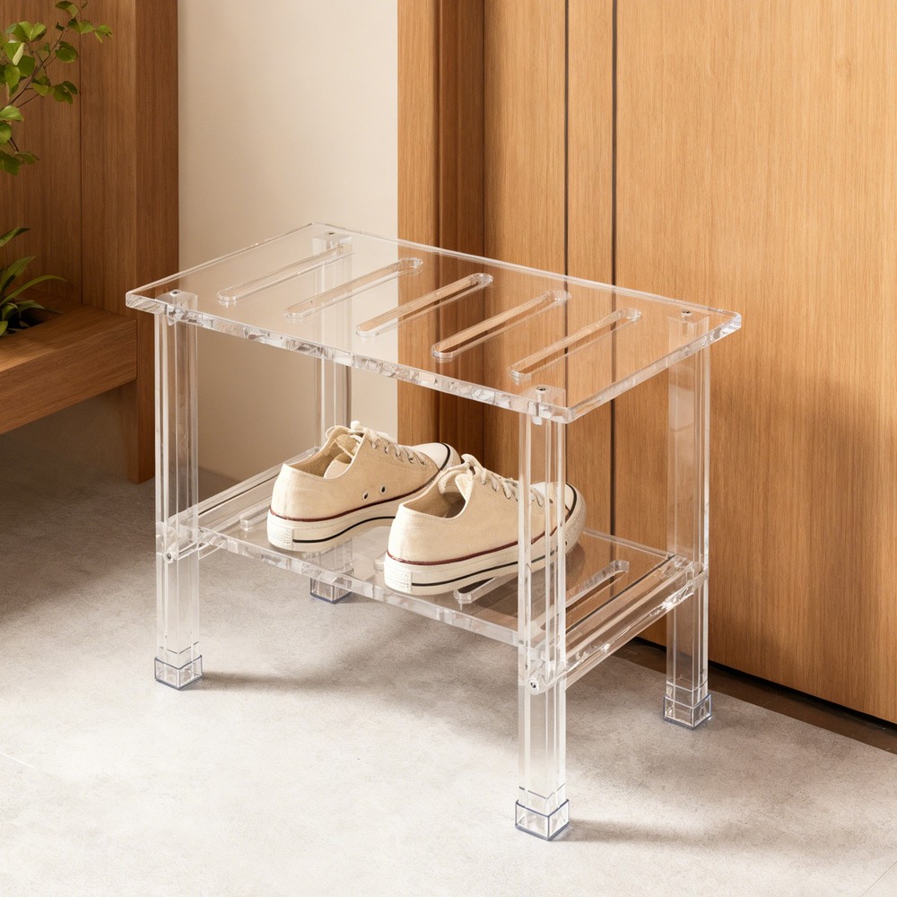 200kg/440.92 lbs Acrylic Shower Bench Bathroom Shower Stool with Storage Shelf