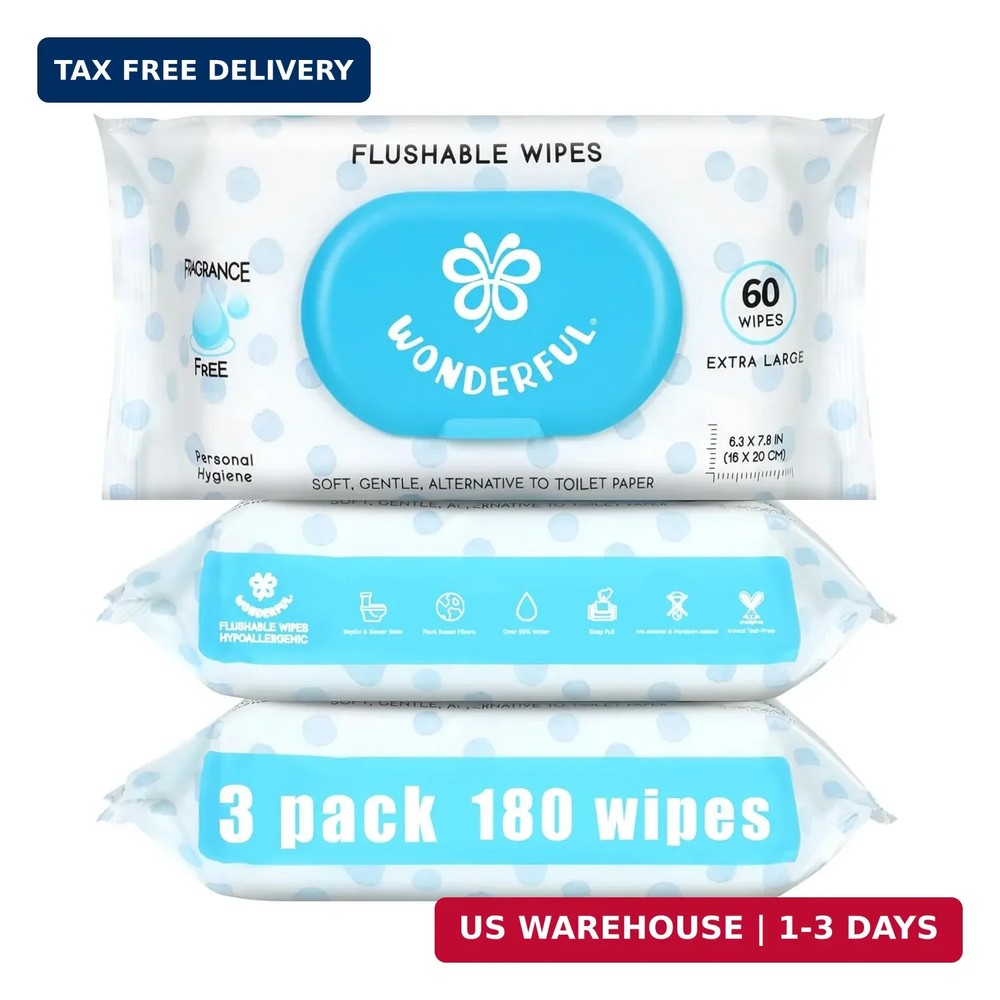 Flushable Wet Wipes for Adults & Kids, Unscented, Plant-Based, Septic Safe, 3-Pa