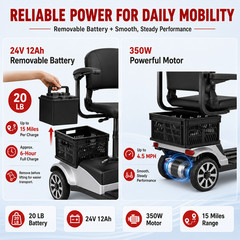 4 Wheel Mobility Scooter Adults Seniors 350W 350lbs 15 Mile Silver Swivel Seat