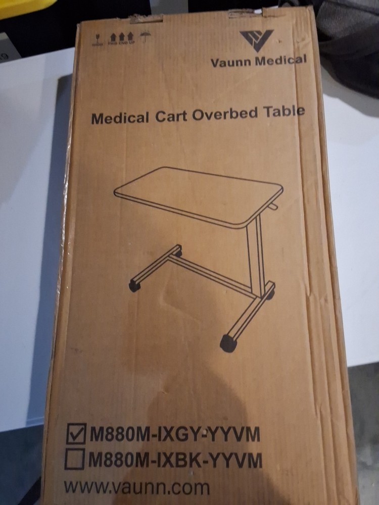 Vaunn Medical Adjustable Overbed Bedside Table with Wheels (Hospital Black