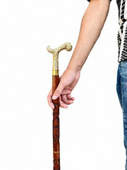 Antique Style Floral Brass Handle with 36in Carved Wood Walking Cane Collapsible