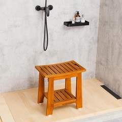 14″ Compact Teak Shower Stool with Shelf & Handle-Waterproof,Non-Slip Bath Bench