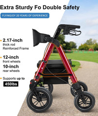 Heavy-Duty Rollator Walker with Seat, 12″ Front Wheels, Bariatric, Red