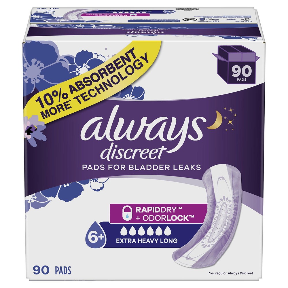 Always Discreet Plus Incontinence Pads, Extra Heavy Absorbency, Long (90 Count)